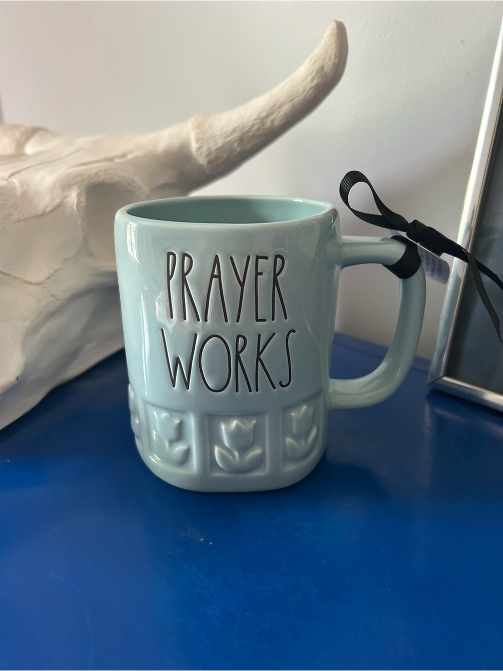 Rae Dunn Light Blue Floral Flowers Prayer Works Mug